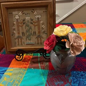 Navajo Framed Sandpainting Native American Art and Bellaire Vase with Flowers